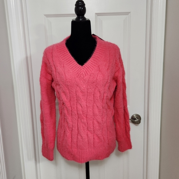 Lucky Brand Barbiecore Pink Fuzzy V-Neck Sweater - Picture 1 of 7